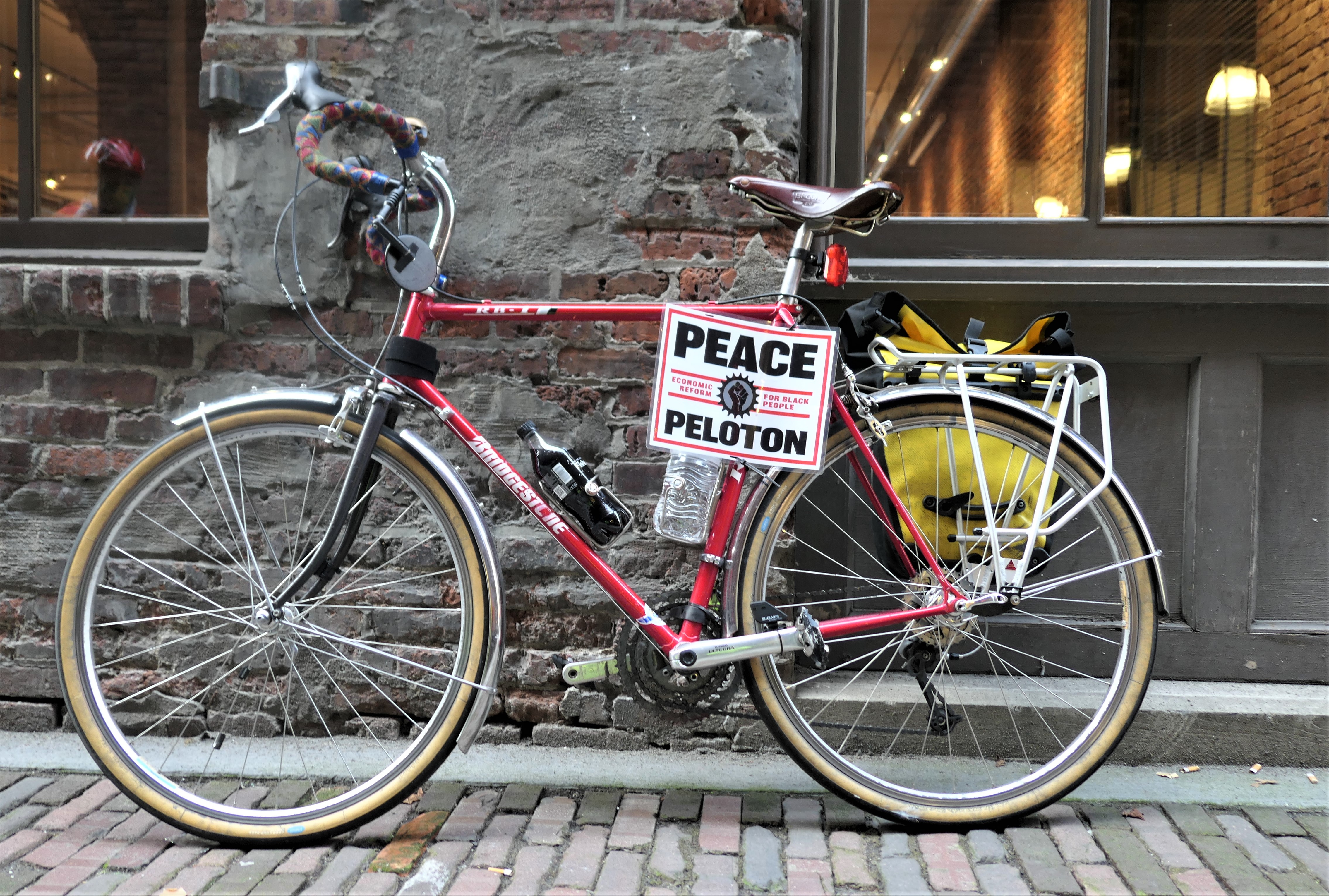 a Peace Peloton bike